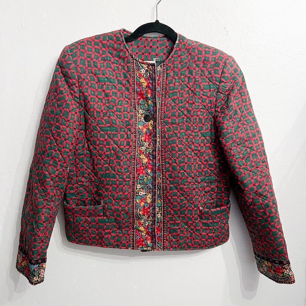 Vera Bradley Holiday Christmas Quilted Jacket Small Green Red Cottage Grandma